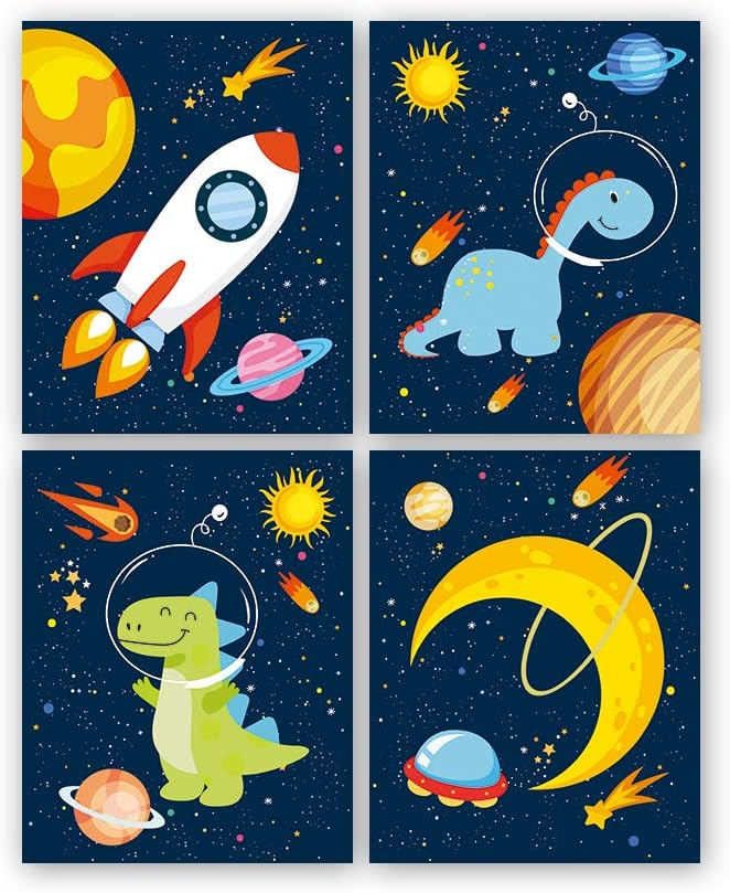 Juego de 4 Cuadros 8x10 Inch Infantiles Niño Espacio Pósteres, Dinosaurio/Cohete/Planeta Láminas Impresión en Lienzo, Decoración Habitación Bebé pared Regalo Sin Marco