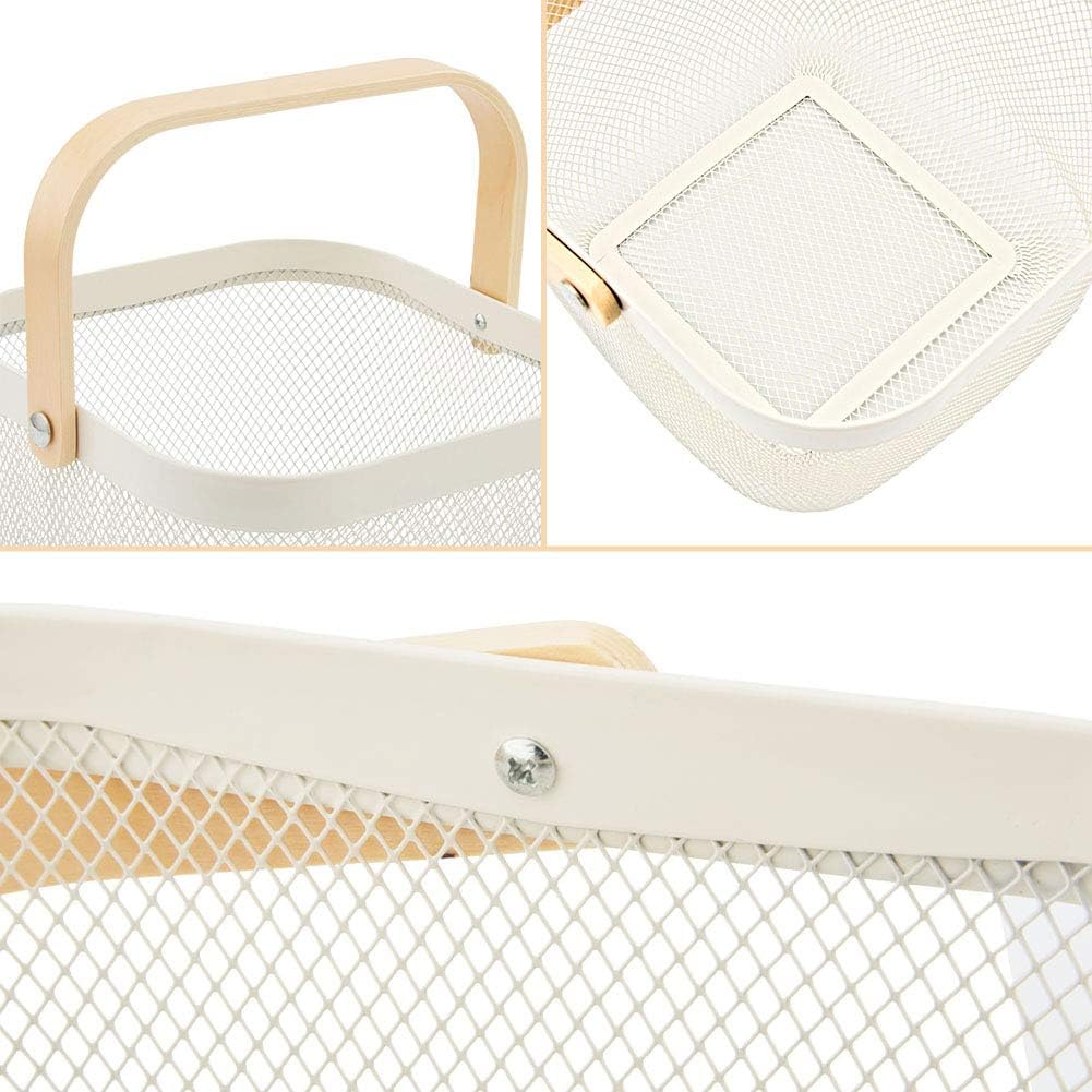 EZOWare Set of 3 Metal Mesh Steel Baskets with Wood Handle, Fruit Vegetable Wire Storage Organizer Bins for Kitchen Bathroom Pantry Organization, Garden, Picnic - White