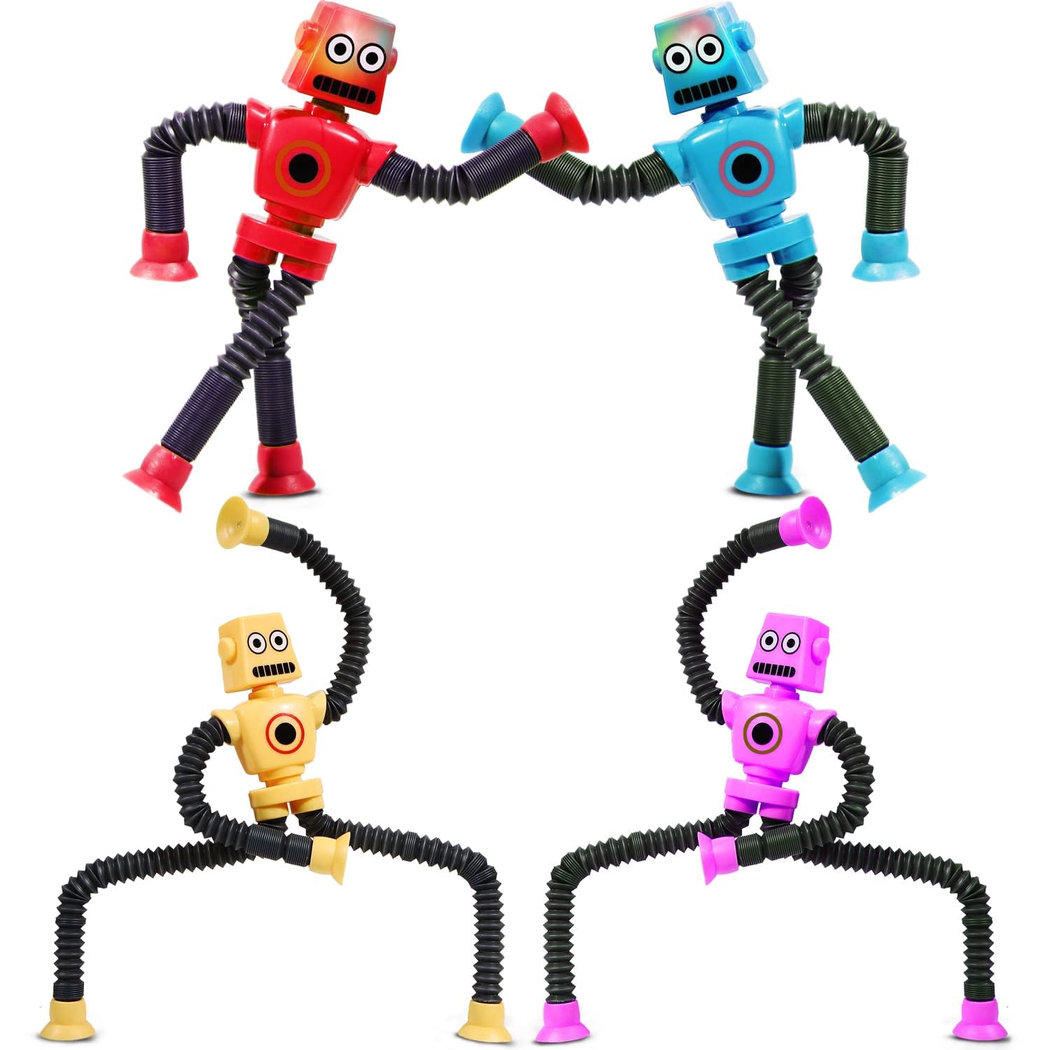 LED Telescopic Suction Cup Robotics Toy - 4PCS Pop Tubes Fidget Sensory Toys, Shape Changing Tubes With Suction - Funny Gift for Kids Boys Girls