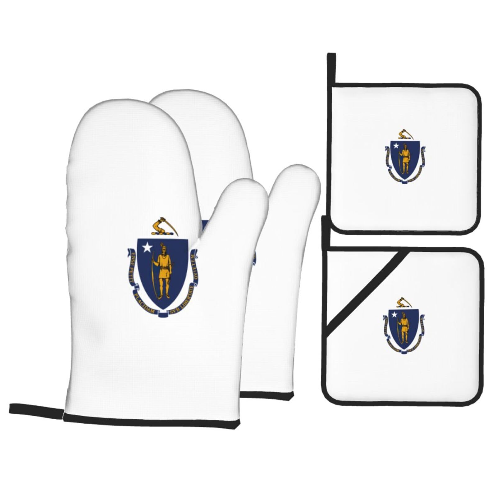 Massachusetts State Flag Print 4-Piece Oven Microwaving Set Waterproof Kitchen Gloves for Baking Grilling Cooking