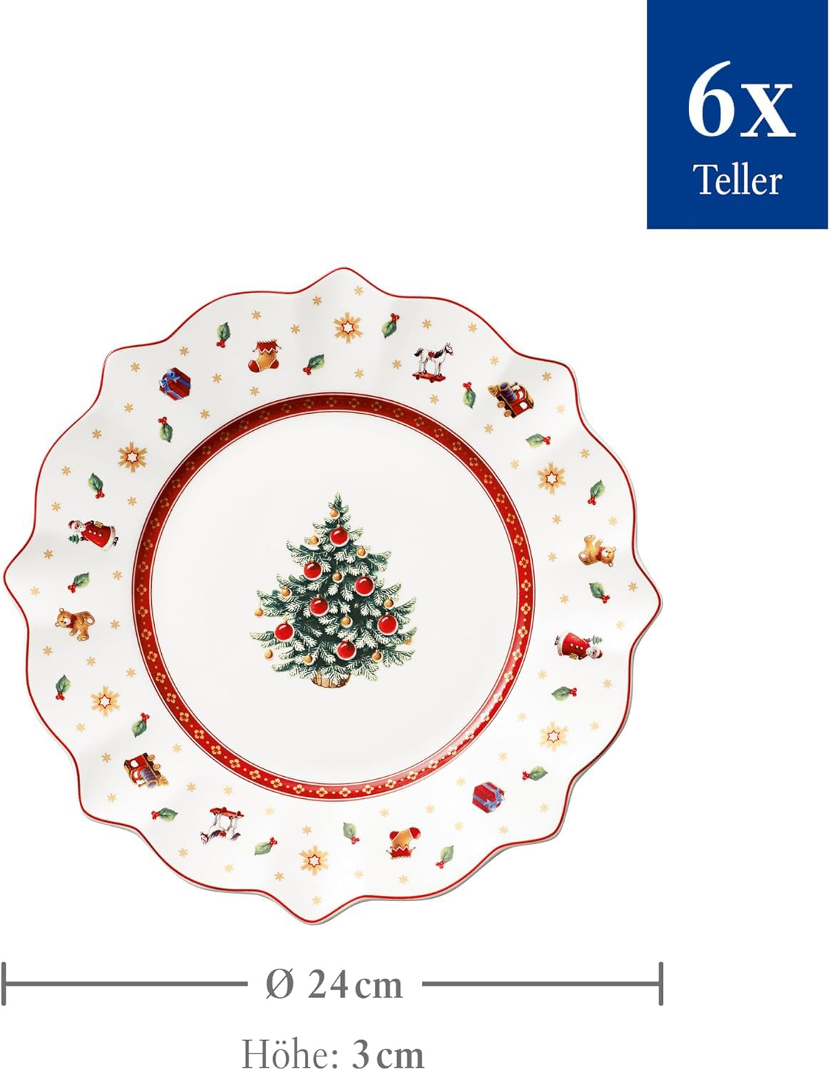Villeroy & Boch Toy's Delight Frühstücksteller 6er Set, 24 cm, Weihnachtsgeschirr, Plätzchen- und Keksteller für Weihnachten, Premium Porzellan, Weiß