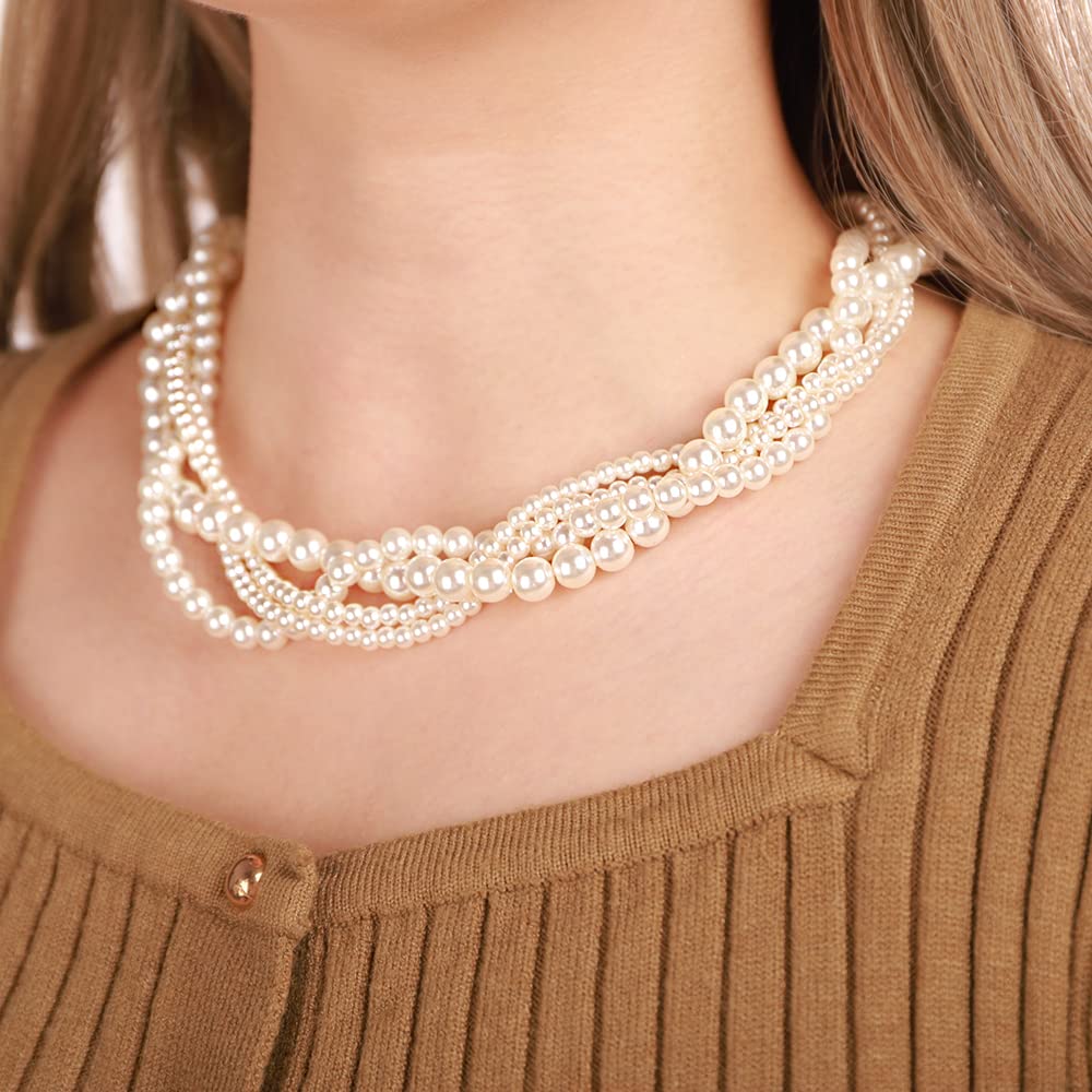 Xerling Vintage 1920s Gatsby Layered Faux Pearl Necklaces Imitation Pearl Chains Flapper Costume Jewelry Necklaces for Party