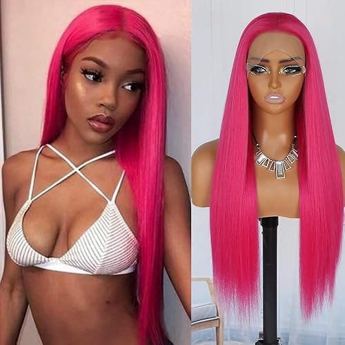QD-Tizer Hot Pink Wig Long Straight Hair Red Pink Color 13x4 Synthetic Lace Front Wigs Natural Hair Line Wigs for Fashion Women Heat Resistant Synthetic Hair Wigs