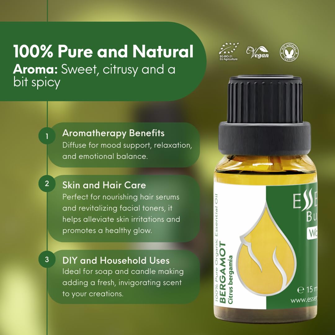 Essences Bulgaria Aceite Esencial de Bergamota Orgánico 15ml | Citrus bergamia | 100% Puro y Natural | Sin diluir | Grado Terapéutico | Aromaterapia | Cosméticos | Libre de crueldad | Sin OGM | Vegano