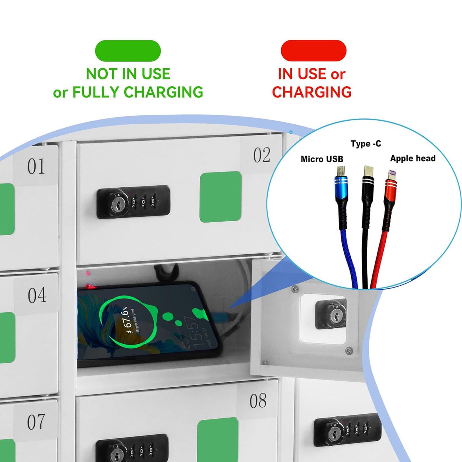 Locker di ricarica USB con serratura per più dispositivi, archiviazione sicura del telefono cellulare con serratura a combinazione