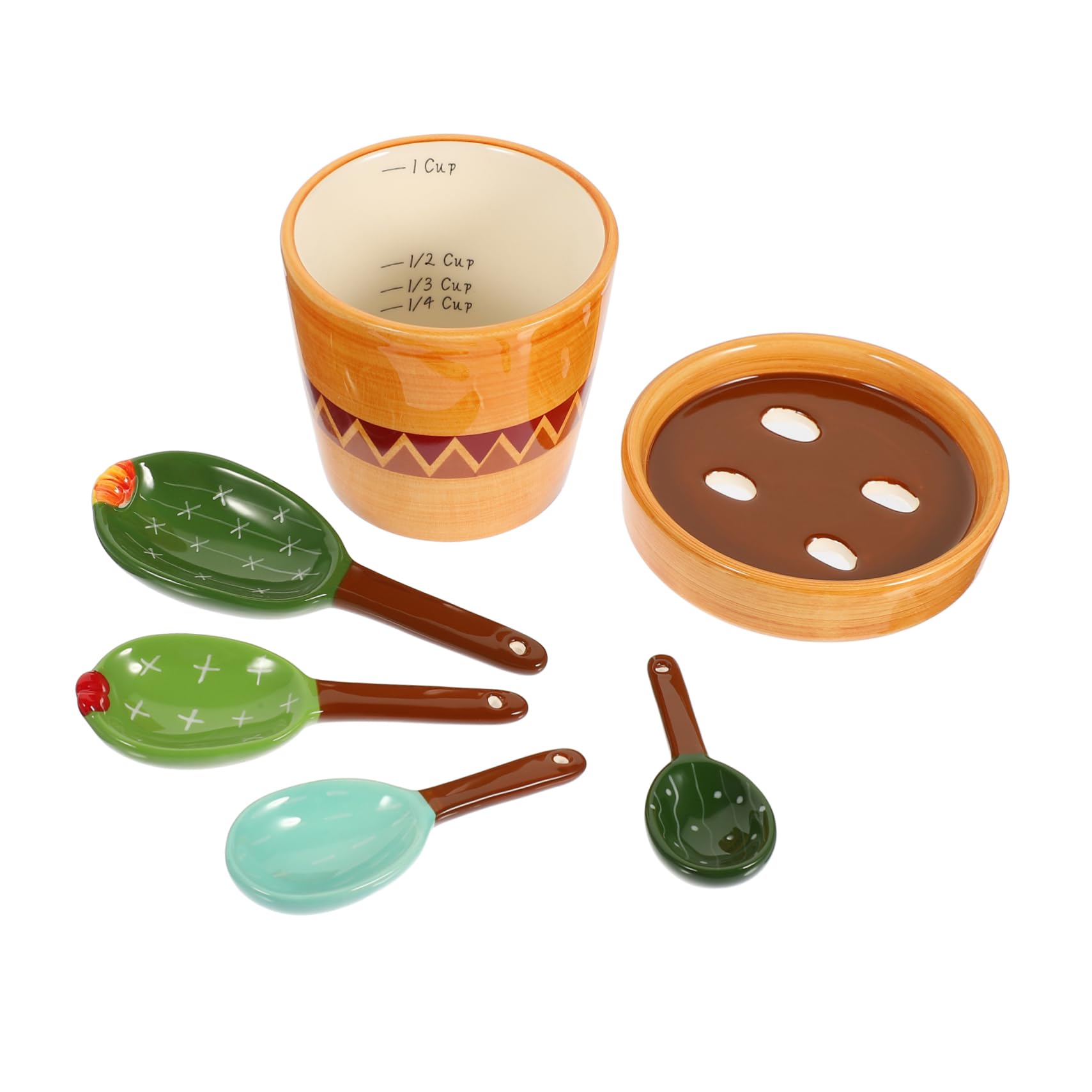 Cabilock 1juego Cuchara Medidora De Cerámica Forma De Cactus Soporte Juego Para Cocinar y Hornear Utensilios De Medición Decorativos y Funcionales