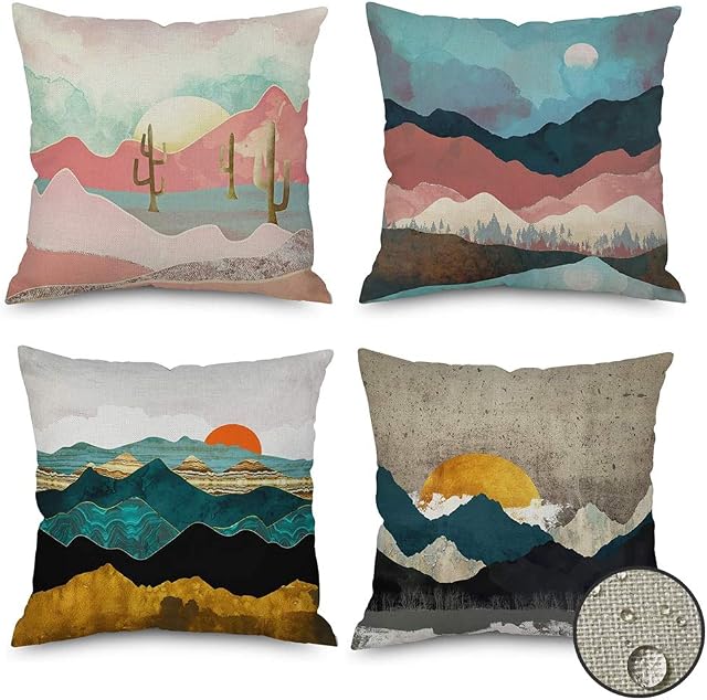 Outdoor Waterproof Sunrise Sunset Cushion Covers 45 x 45 Pack of 4 Water Resistant Abstract Landscape Pillow Covers Pink Gold Blue Pillowcases for Garden Patio Bench Sofa Swing Indoor Bed Home Decor