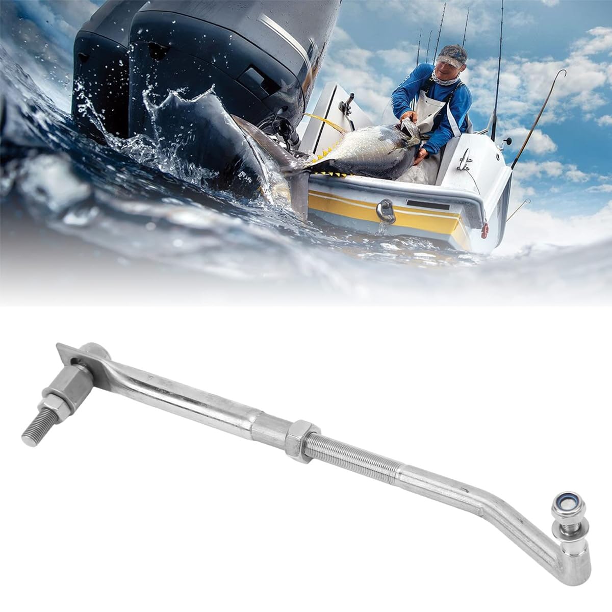 Ubric Barra de dirección para motor fueraborda, ajustable de acero inoxidable de 265 a 315 mm, universal para motores fueraborda de 15 CV a 200 CV