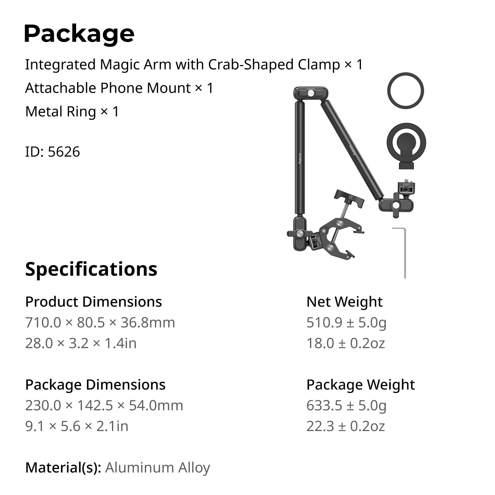SMALLRIG Zestaw z zaciskiem biurkowym Magic Arm do mocowania do MagSafe do iPhone'a, 67 cm, dwustopniowe, regulowane, elastyczne ramię z bezpiecznym uchwytem do smartfona, internetowej - 5626