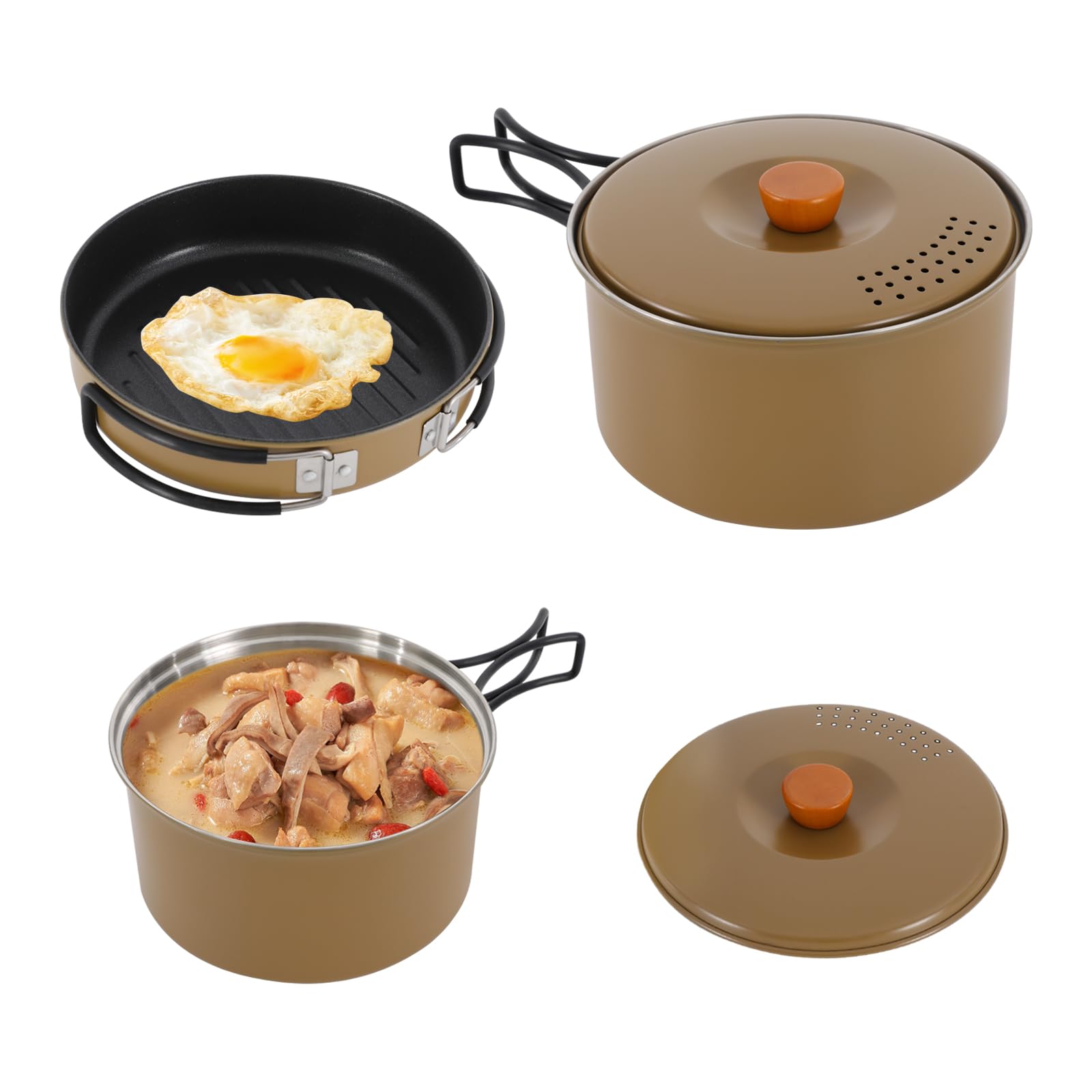 Camping Cookware Set, Camping Cooking Set,304 Stainless Steel Camping Pots &Frying Pan Set,Campfire Cooking Equipment with Storage Bag for Camping,Household, Hiking, Beach Trips (Khaki)