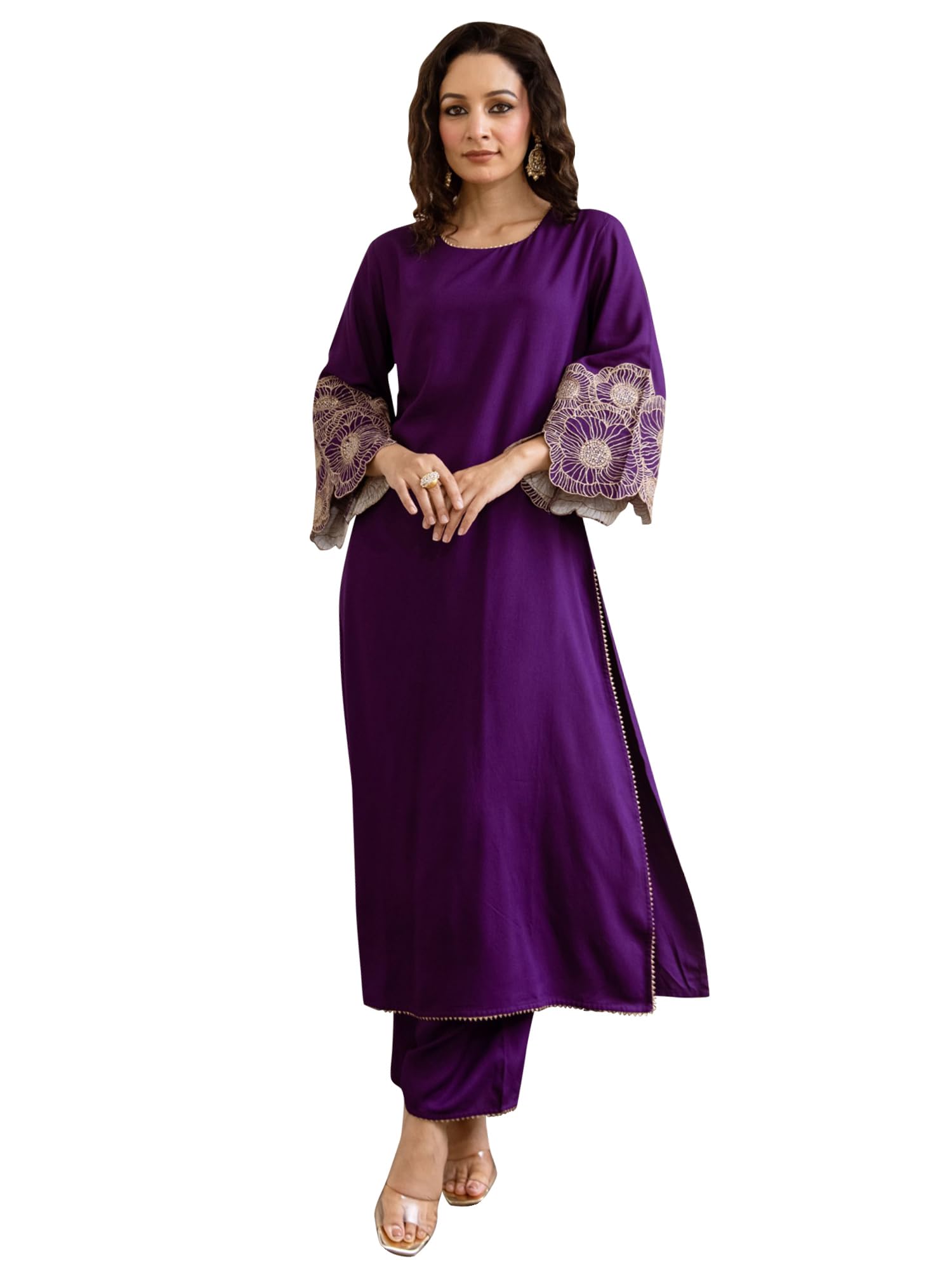 indo era Women's Purple Viscose Rayon Embroidered Straight Kurta & Pant Set (IEOUT6980)-picture-10