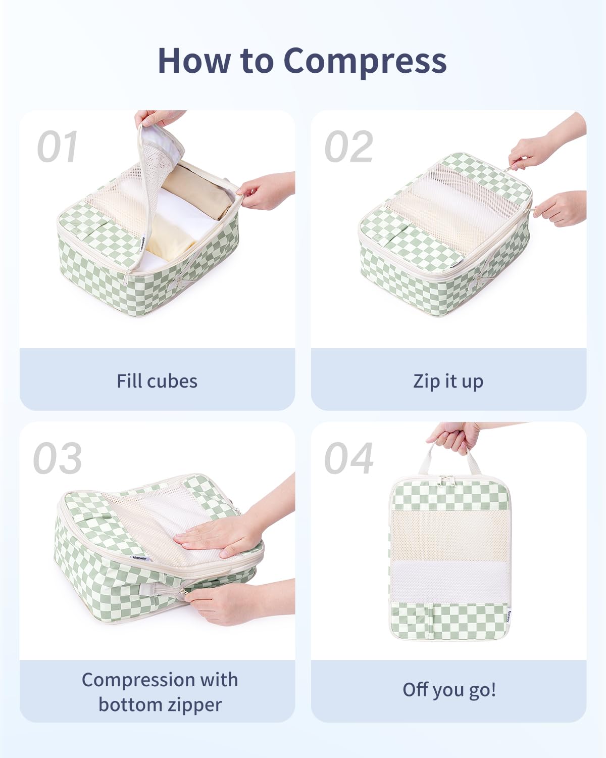 Narwey Organizer Valigia 5 Pezzi Packing Cubes Compression, Organizer Valigia Viaggio Compressione Salvaspazio, Organizer Viaggio Accessori Utili per Vestiti Scarpe Deposito (Scacchiera Verde Menta)