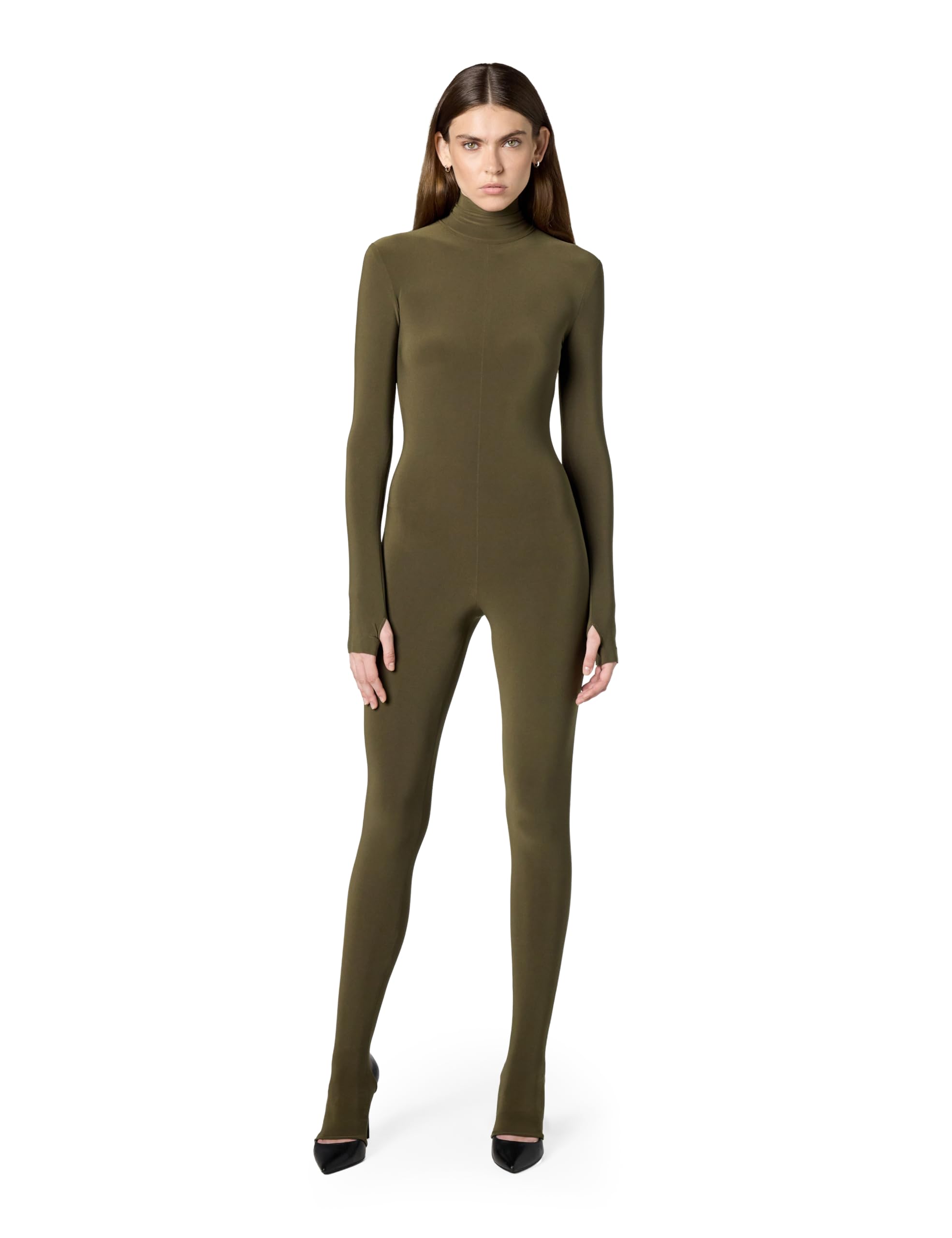 Norma Kamali womens Long Sleeve Slim Fit Turtle Catsuit W/Footie