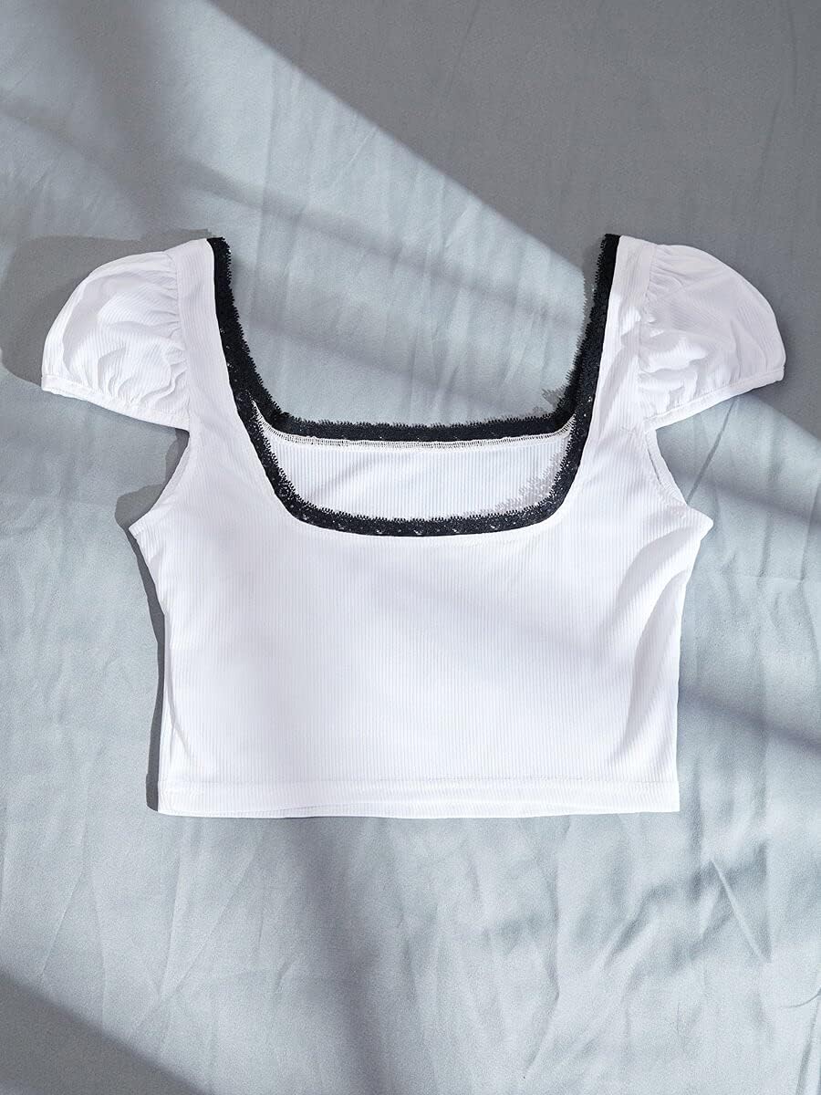 レディースtシャツ 半袖 お値打ち価格で コントラストレーストリムリブニットトップ Color Size S White