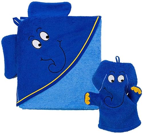 Smithy Handtuch Set 2-tlg. der blaue Elefant | 100% Baumwolle Frottee | Baby Kapuzenhandtuch mit Waschlappen | Junge & Mädchen | Geschenk zur Geburt Cover