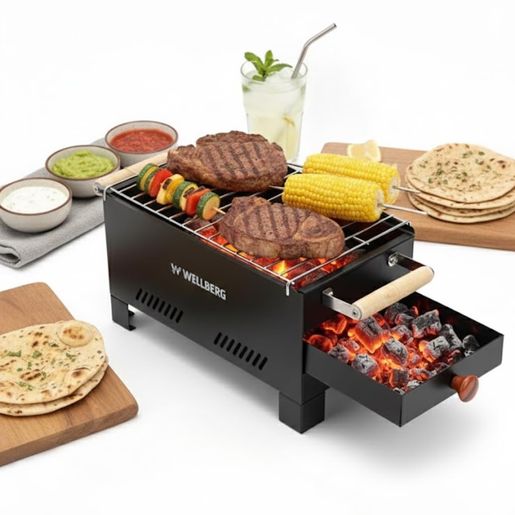 Wellberg Charcoal Barbeque Grill Set | 3 Piece Combo BBQ Base +