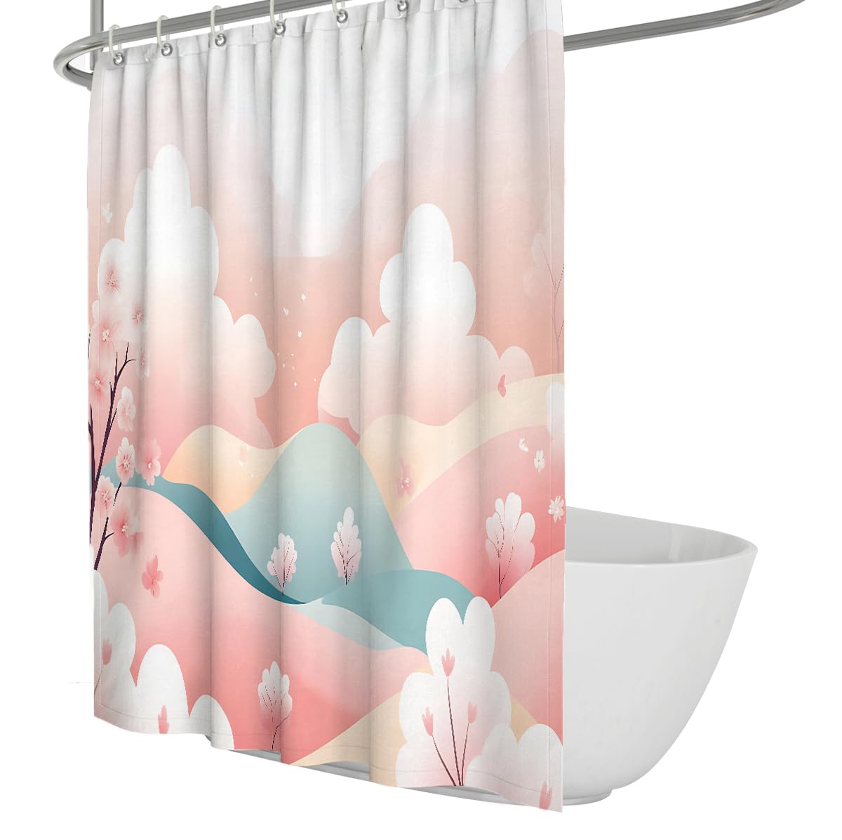 UERWOWELL Cute Pastel Room Decor Shower Curtain Romantic Pink Sky Mountain Valley Cherry Blossom Tree Pattern Shower Curtain Washable Polyester W180xL200 cm