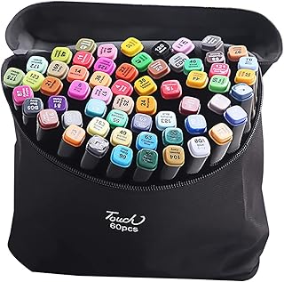 Domary Conjunto de marcadores de arte de 60 cores de ponta dupla Caneta de ponta fina larga com bolsa de transporte Materiais de arte para alunos adultos Artistas Desenho para colorir Desenho para esboçar