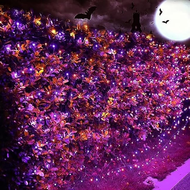 Joomer 12ft x 5ft 360LED Orange Purple Halloween Net Lights Outdoor Mesh lights, 8 Modes Timer Connectable Waterproof Bush Lights Mesh Netting Lights for Halloween Outdoor Decorations (Green Wire)