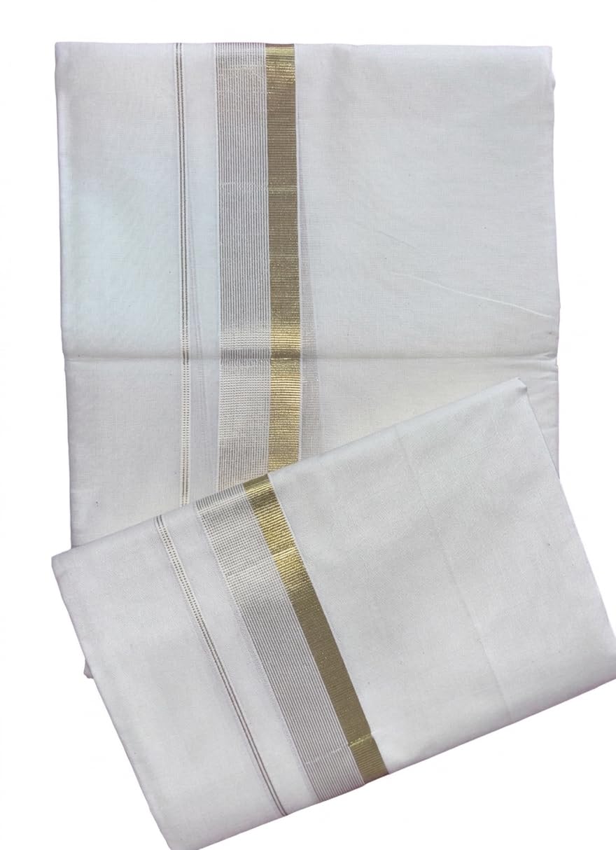 Kerala Kasavu Premium Wedding Dhoti, Pure Cotton, White with Gold Border, 4 Meter Double Length-picture-53