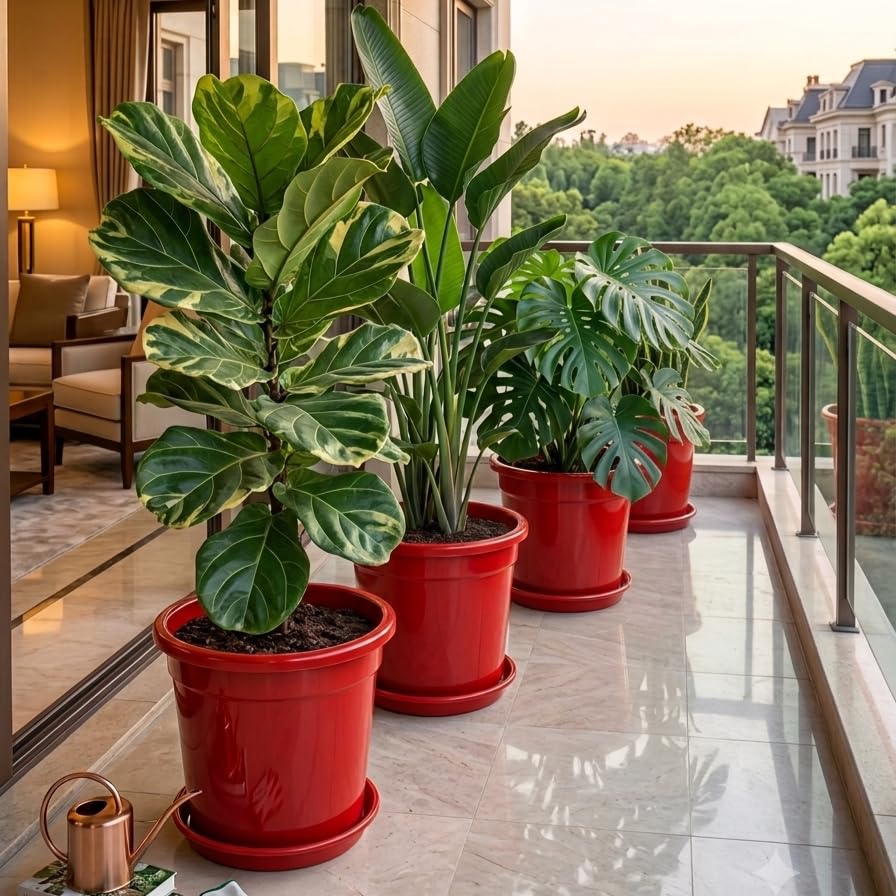 Image of 12 Inch Glossy Red Plastic Planter with Bottom Plate | Heavy Duty Flower Pot with Tray for Indoor Home Decor, Balcony, Living Room & Outdoor Garden (6 Pot, Red)