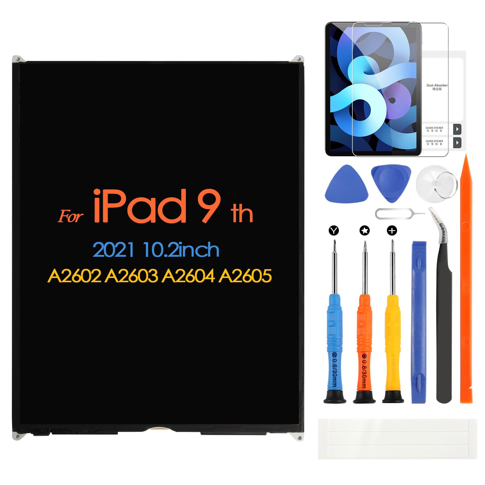 Pour iPad 9 A2602 A2603 A2604 A2605 Écran LCD pour iPad 2021 10,2" Matrix Écran de rechange Pièces de rechange avec protection d'écran en verre trempé (pas d'écran tactile numériseur)
