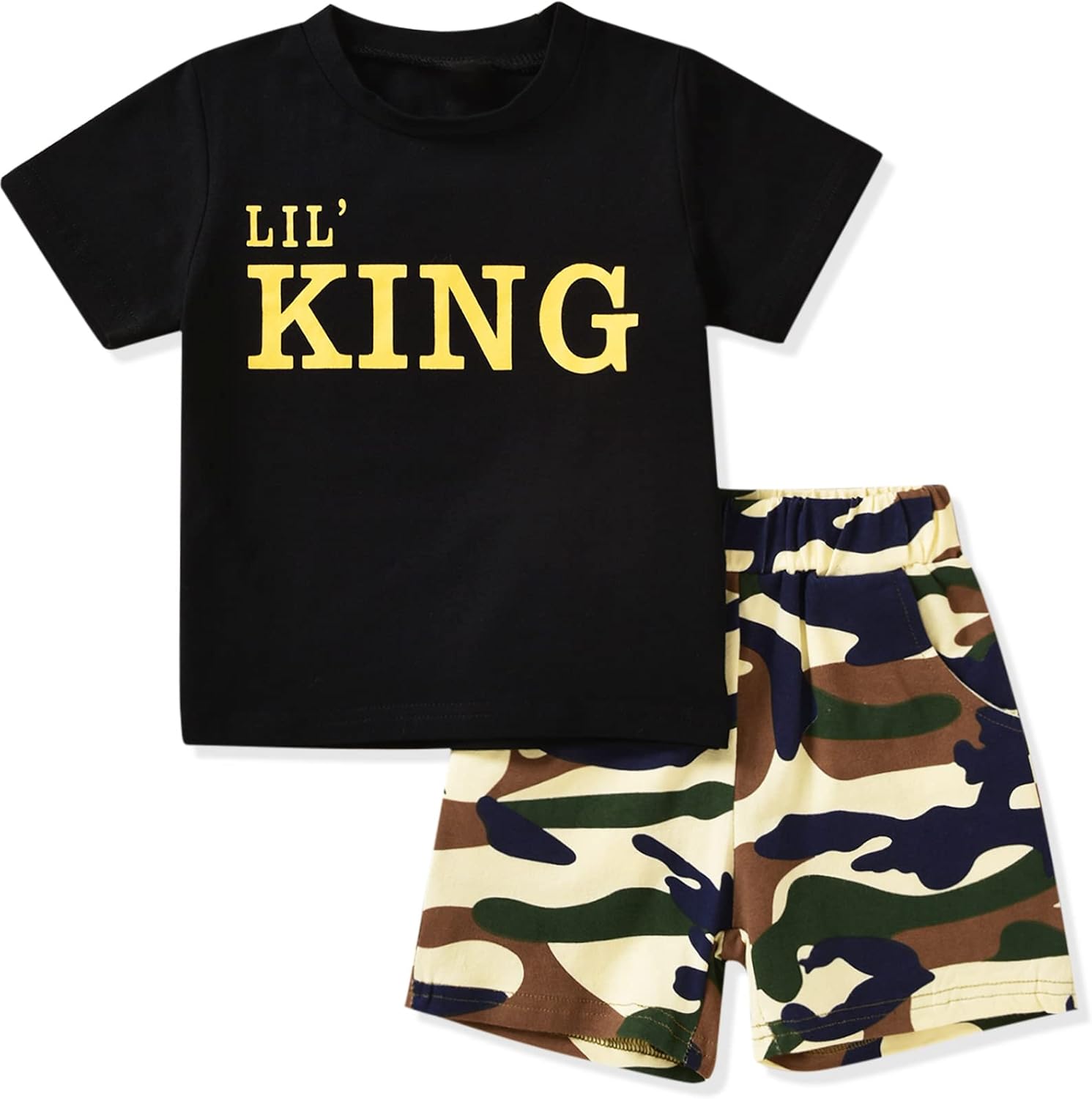 fioukiay Toddler Boy Summer Clothes Outfits Little Kids Short Sleeve Funny Letter Print T-Shirt Camo Shorts Clothing Set