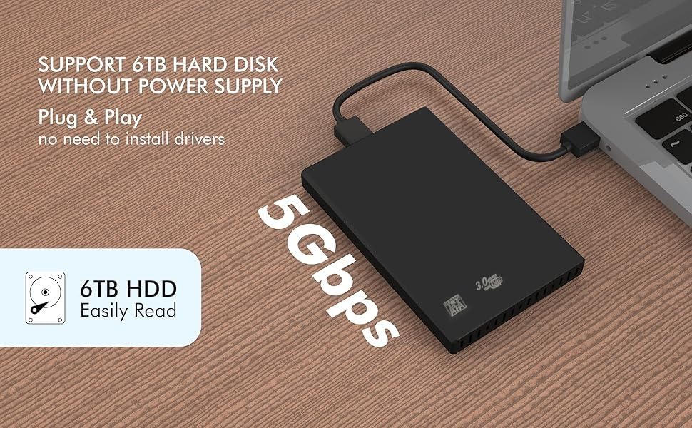 Image of 2.5 Inch SATA USB 3.0 HDD /SSD Portable External Enclosure for 7mm and 9.5mm, Tool-Free Design, Supports UASP Max 6TB