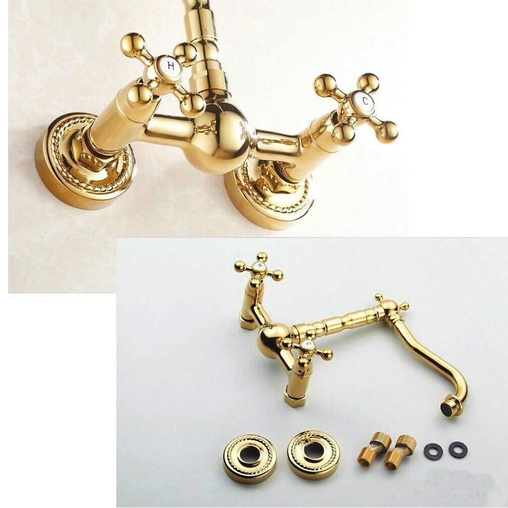 Rubinetto miscelatore con rubinetto girevole for lavabo da cucina, bagno caldo e freddo in ottone dorato a parete