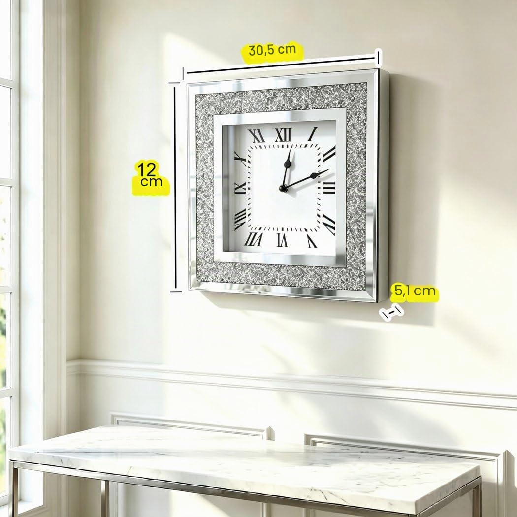 Crystal Crush Diamond verspiegelte quadratische Wanduhr mit funkelndem Glitzer-Diamant-Dekor für Wanddekoration, 30,5 x 30,5 cm, dekorative Silberne Spiegel-Quarzuhr für Heimdekoration, AA-Batterie