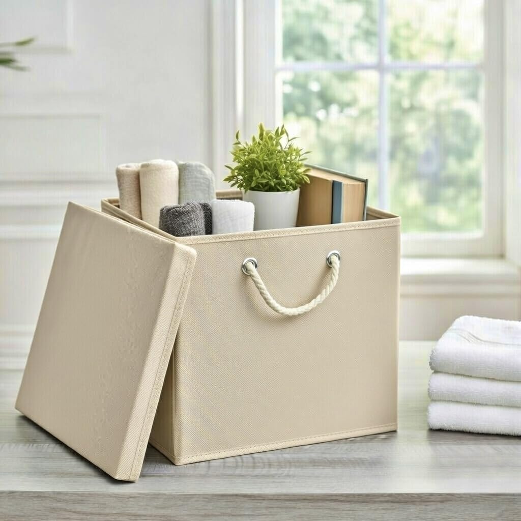CM3 5 Stück Creme Faltbox 30 x 30 x 30 cm Aufbewahrungsbox faltbar mit Kordel und mit Deckel