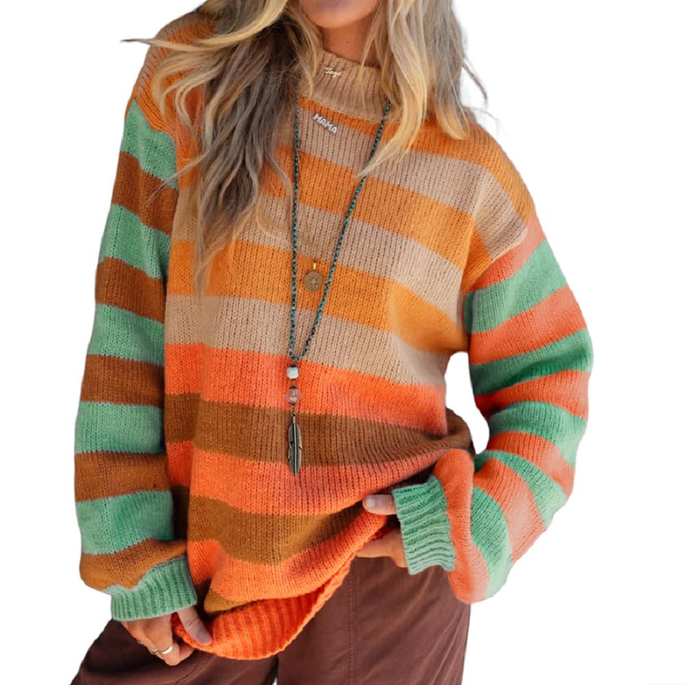 Womens Striped Knitted Sweaters Oversized Long Sleeve Color Block Pullovers Sweaters Knitwear Jumper Top Streetwear