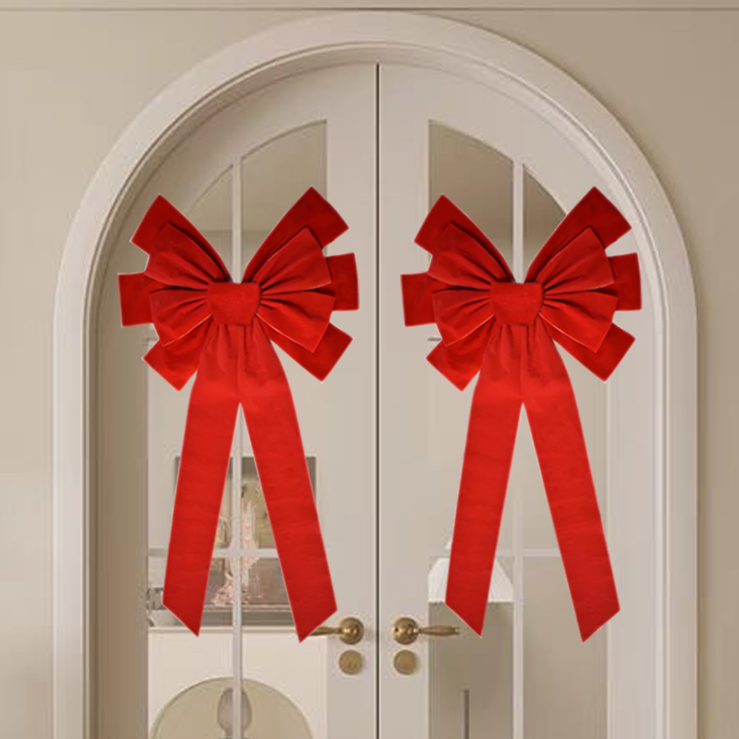 Lot De 2 Nœuds De Noël Rouge Velours 45x90 Cm - Décoration Intérieure Et Extérieure Pour Sapin, Cheminée, Porte