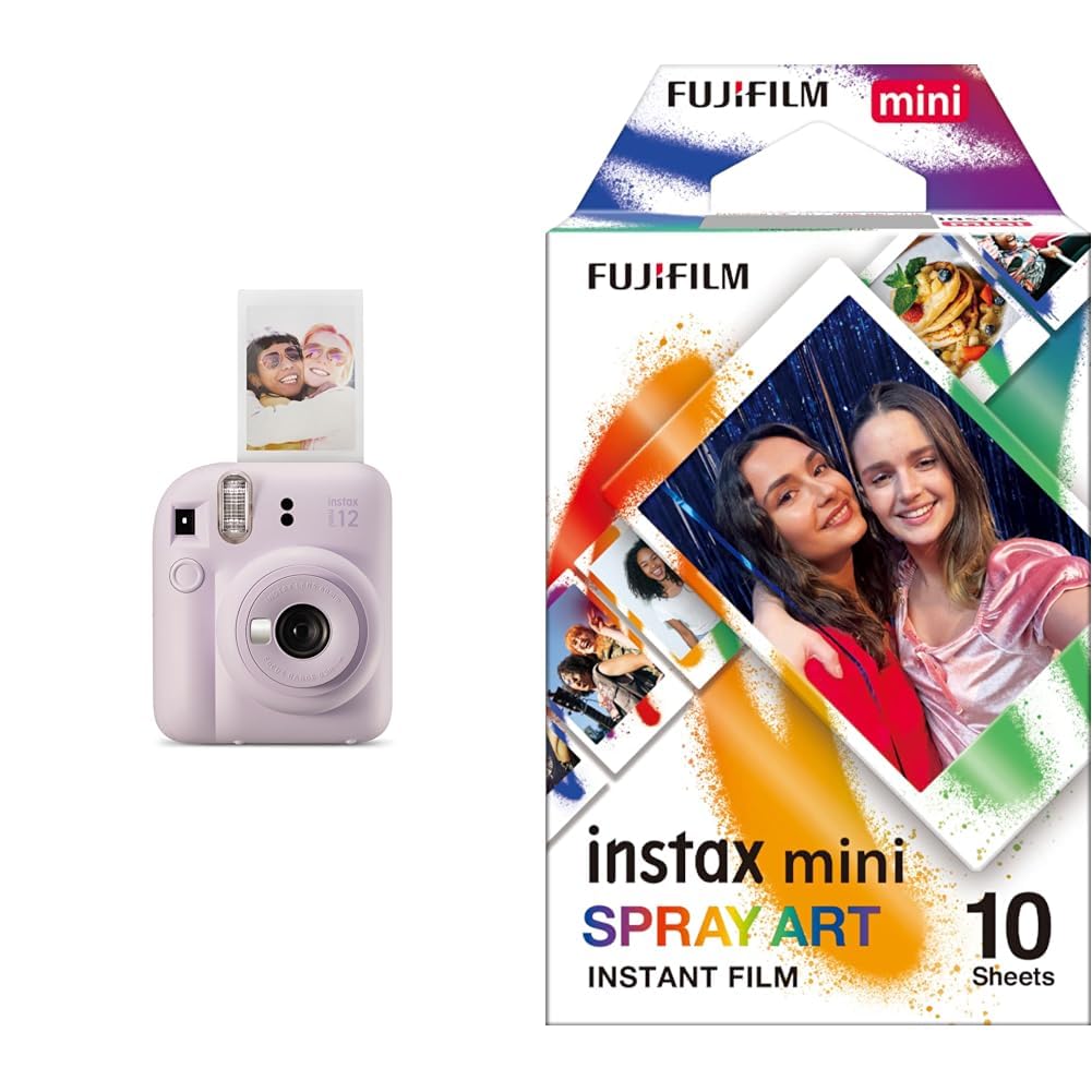 Fujifilm instax Mini Appareil Photo instantané 12, Exposition Automatique avec Objectif Selfie intégré, Violet Lilas & Mini Film Spray Art Border, 10 Shot Pack Multicolore