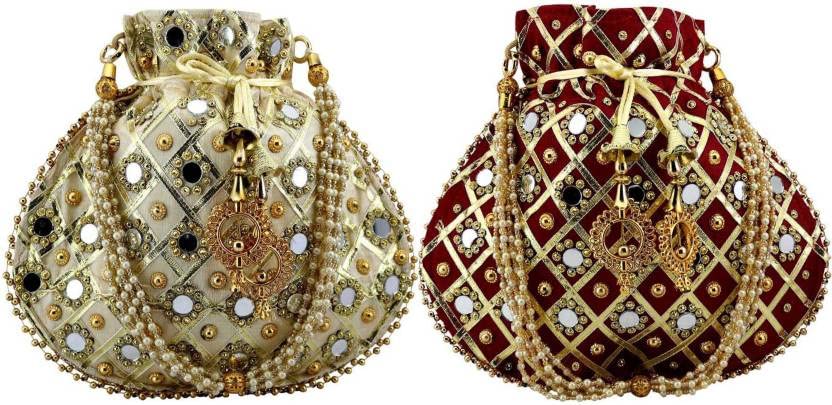RKG HANDICRAFTS Gems & Jewellery Gold Potli Wristlets Ethnic Potli For Womens | designer rajasthani style royal clutch silk batwa | zari work potli bag | Bridal Potli | potli bags (B0BN7P2BL7) Amazon Price History, Amazon Price Tracker