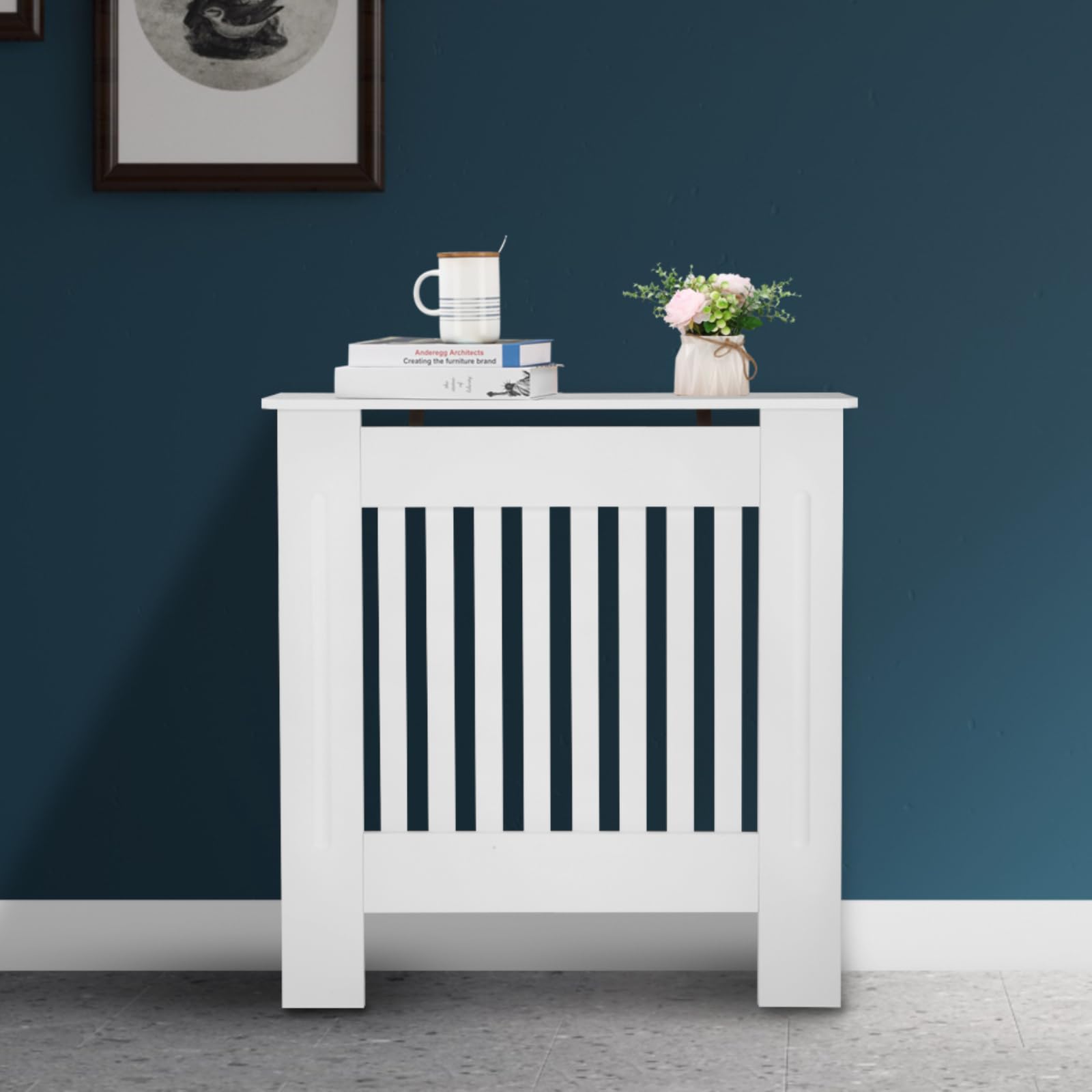 Alightup Cache Radiateur en MDF Peint - Couvercle Design Armoire avec Lattes en Bois et Grille Étagère Supérieure - Dimensions 71 x 17 x 80.5 cm pour Salon et Chambre