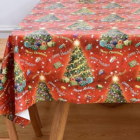 Yofori Christmas Table Cloth Rectangular Waterproof Plastic Xmas Tablecloth Wipe Clean Wipeable Red PVC Large Table Cover for Festival (Christmas Tree, 137x180 cm) Cover