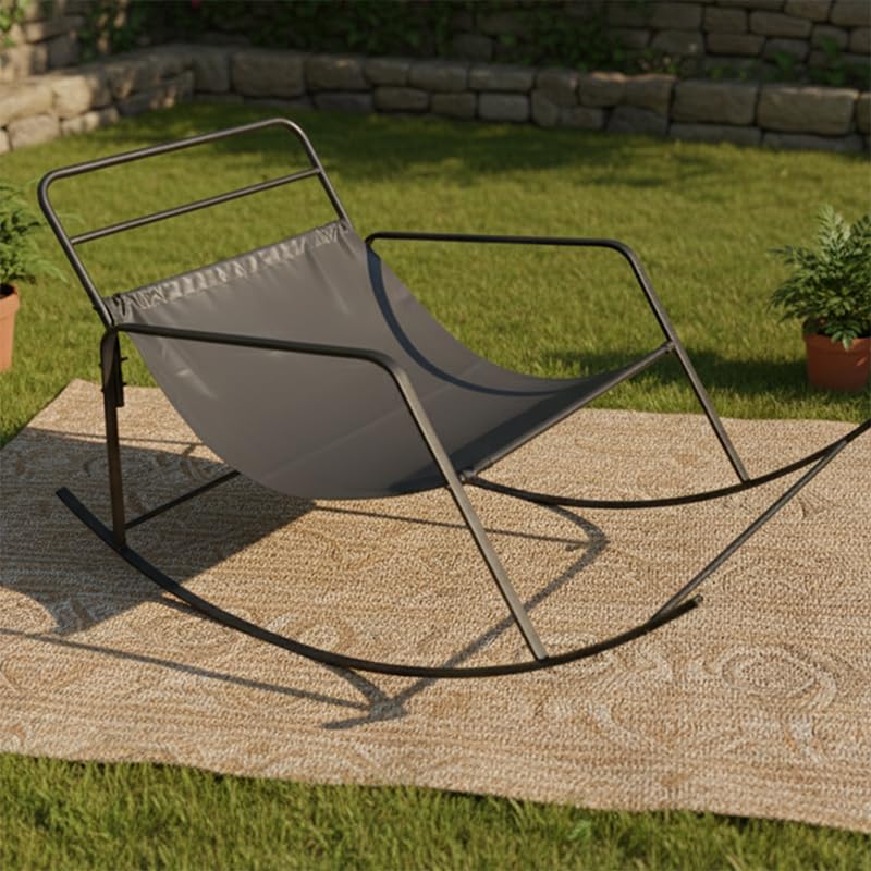 Image of Rocking Chair with High Backrest - Ergonomic Lounge Chair with Plush Cushion, Sturdy Black Metal Frame, Side Storage Pockets, Smooth Rocking Motion, Indoor & Outdoor Use, (Cream - Large)