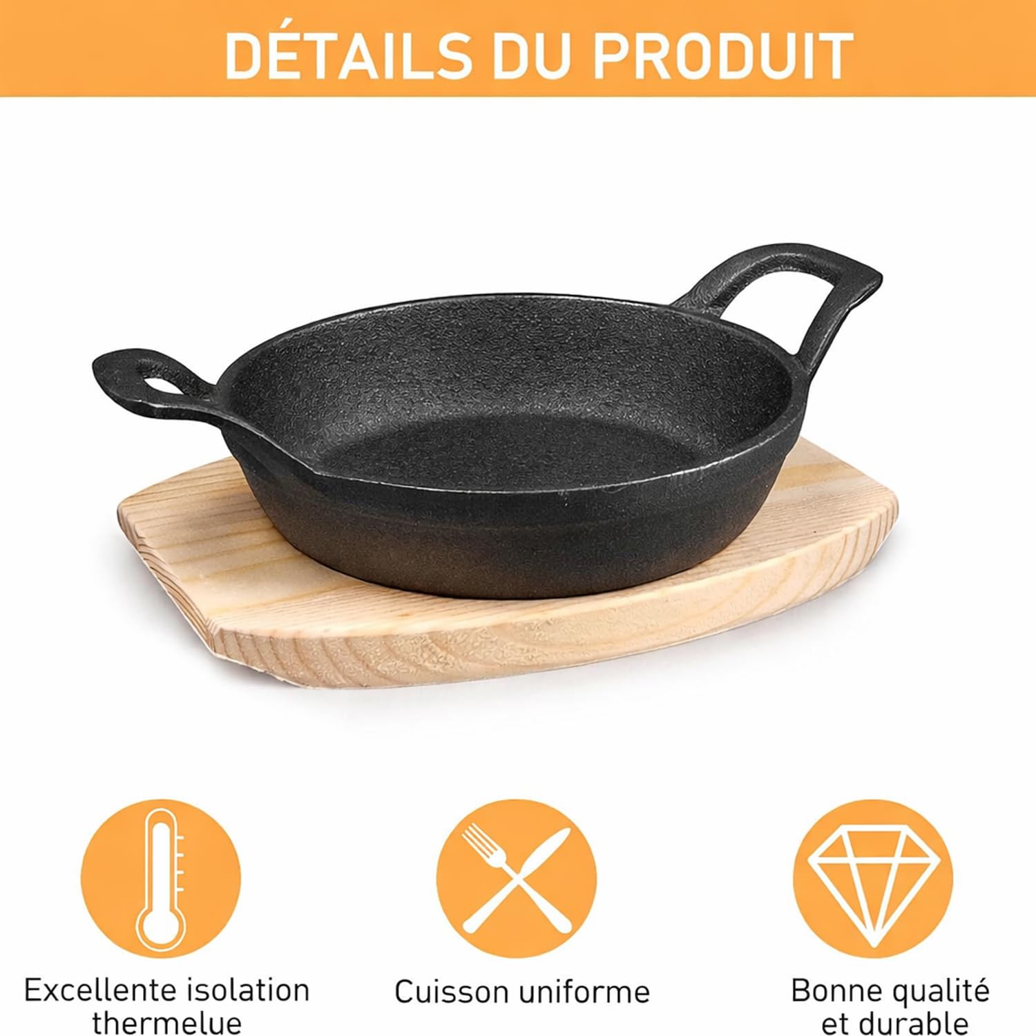 Lot de 4 Mini Poêles en Fonte 16 cm avec Plateaux en Bois et Poignées | Poêlons à Servir 450 ml pour Tapas, Œufs, Gratins, Desserts, Four, Induction, Gaz, Grill et Service à Table