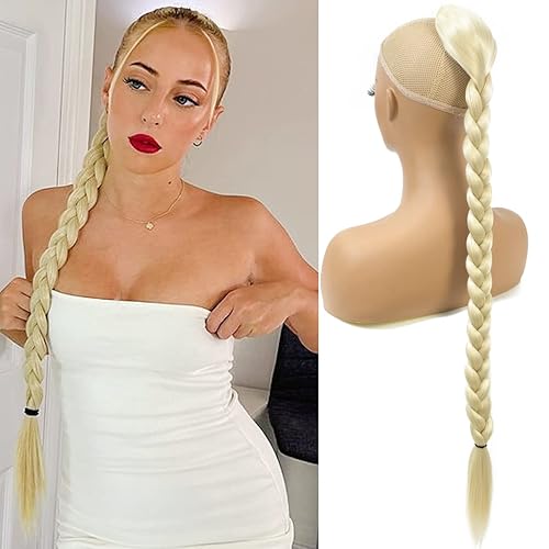 Extensión de cola de caballo trenzada de 32 pulgadas de largo con cordón para cola de caballo de color rubio lacio con clip para mujer, piezas de