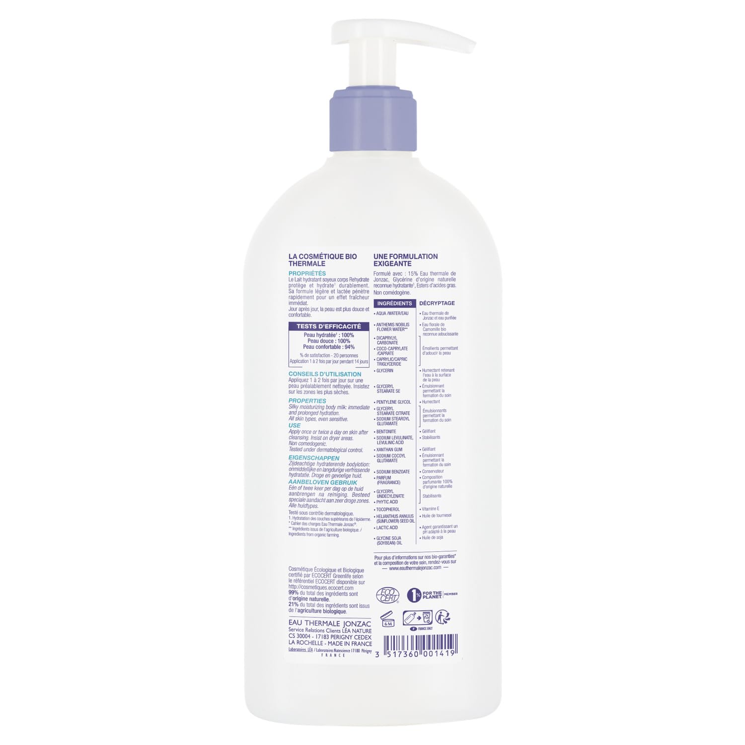 EAU THERMALE JONZAC Lait Corps Hydratant Rehydrate Bio 400 ml — Haute Tolérance Peaux Déshydratées et Sensibles - Lot de 2