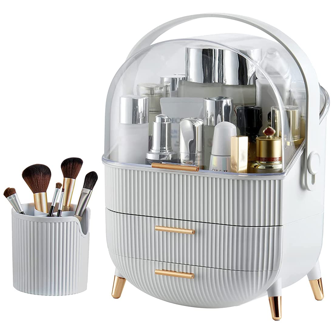 Forthcan Cosmetic Makeup Organizer Cosmetics Display Case Makeup Storage Box with Brush Organizer Countertop Portable Vanity Cosmetics Organizer for Bathroom Bedroom Vanity Dresser (White)