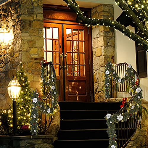 Artificial Lighted Christmas Garland, 6 FT Battery Operated Xmas Garland with Lights, White Flower and Sliver Berry Decorations Garland for Fireplace Banister Fence Decor