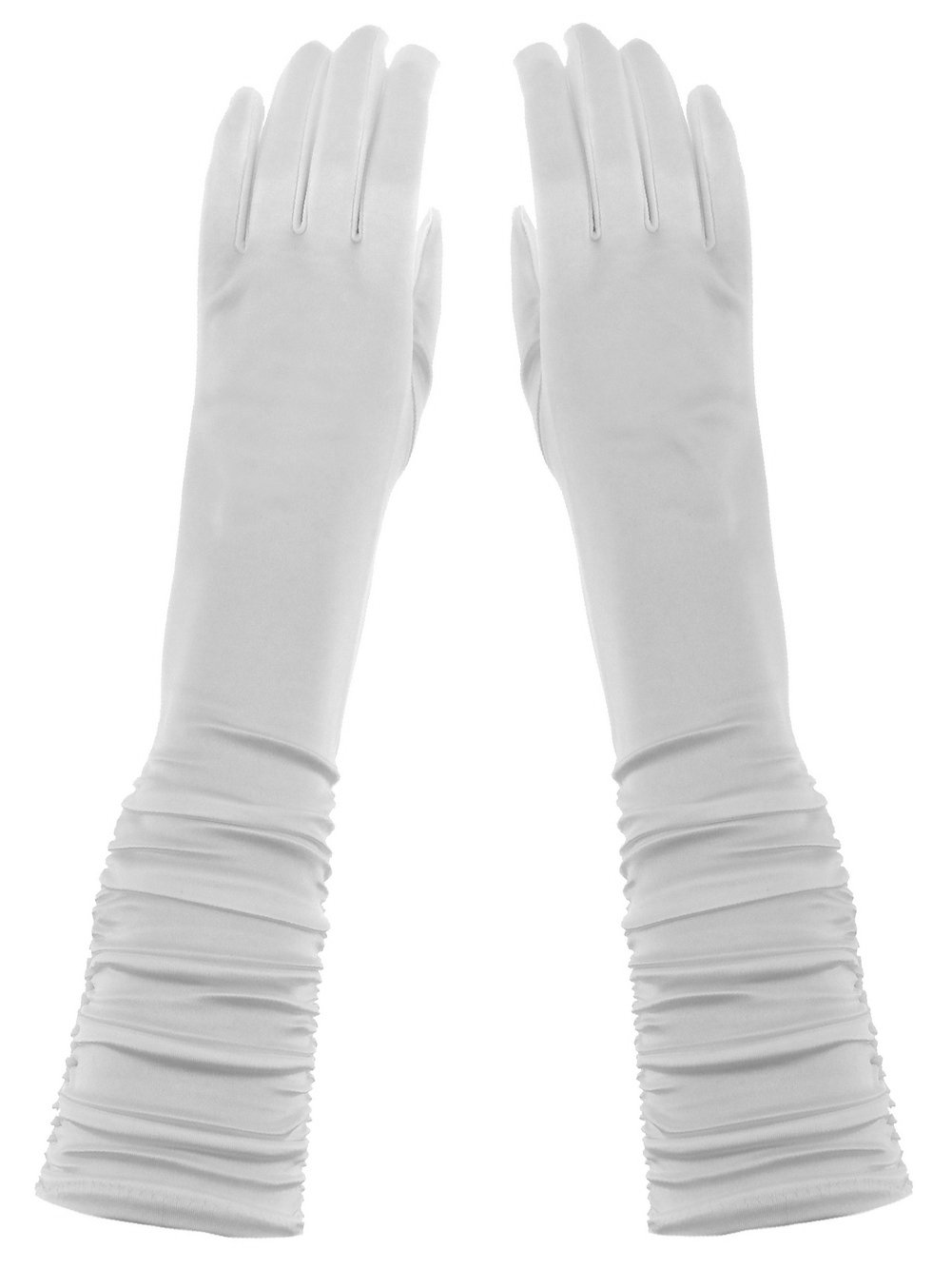 DivaDesigns Elbow Length 16-inch Formal Gathered Arm Shinny Stretchy Satin Gloves White