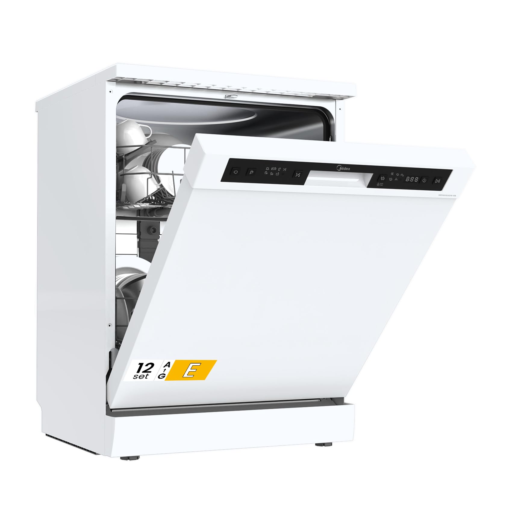 Midea MFD60S120W-HR Lavastoviglie Libera Installazione con 12 coperti, 6 Programmi, Partenza Ritardata, Funzione di Mezzo Carico, 60 cm - Bianco