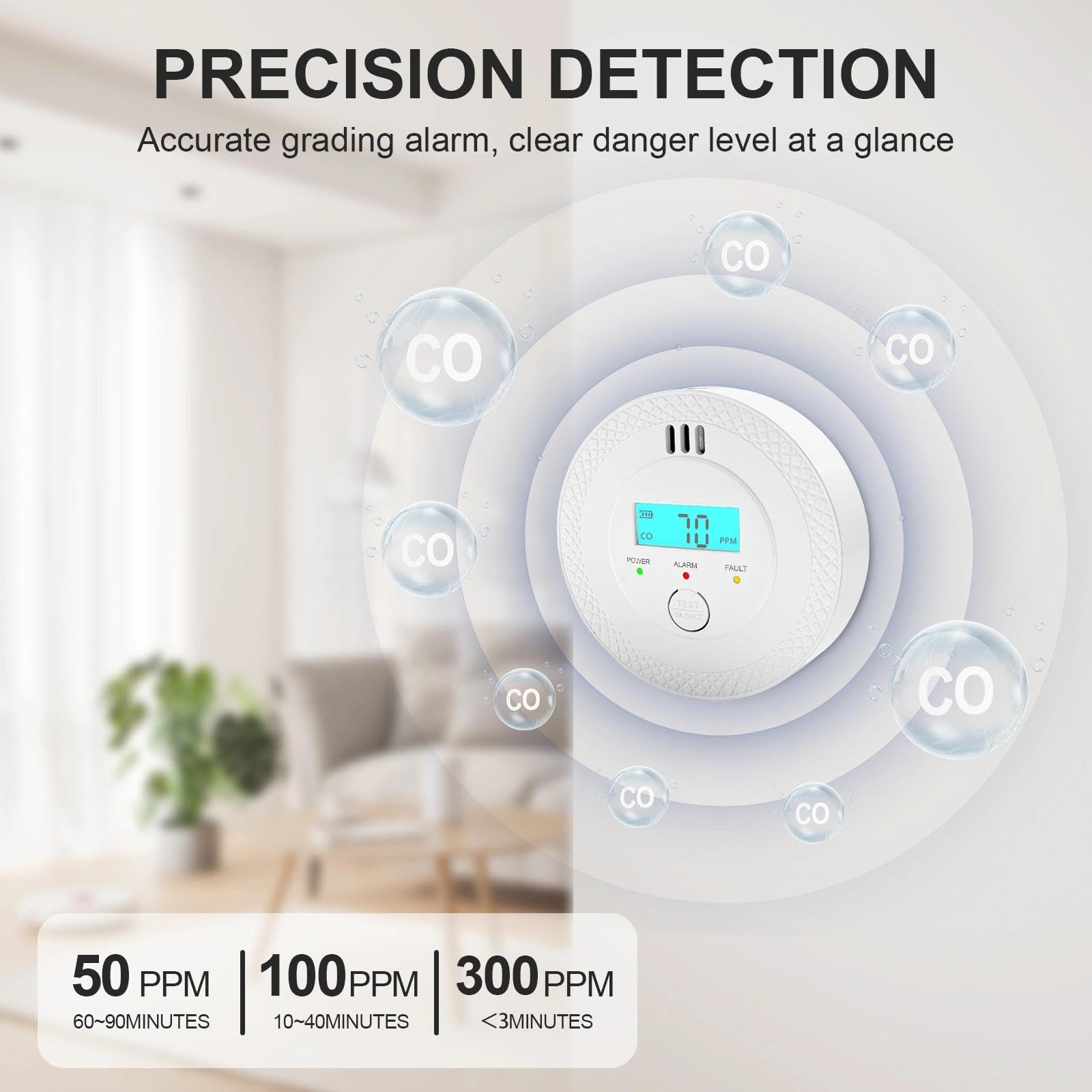Detector de Monóxido de Carbono, Alarma 85dB, Detector CO con Pantalla LCD, Sensor Electroquímico, Batería, Cumple UL2034, para Hogar/Cocina/Viajes