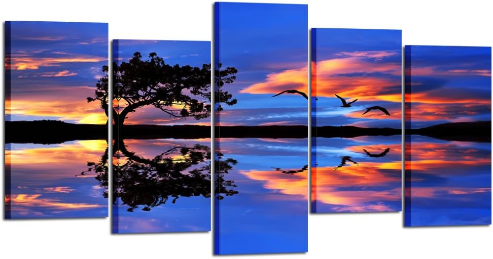 Kreative Arts - Large 5 Panel Canvas Prints Lonely Tree Framed Wall Art Sunset Sky and Clouds of Color in the Lake Purple Scenery Decorations For Living Room (Medium Size 40x24inch)