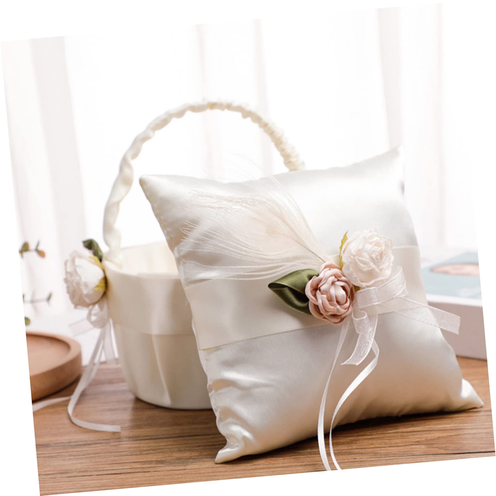 Cuscino Portafedi in Raso Bianco Fiori e Pizzo, Cuscino Fedi Nuziali Elegante per Decorazioni Matrimonio e Cerimonie Speciali