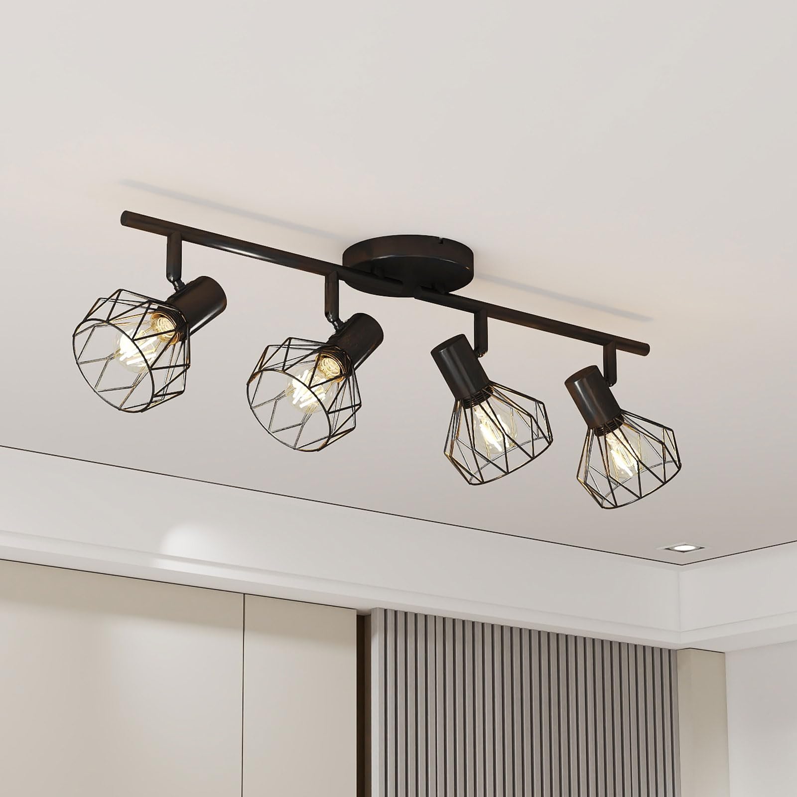 Emitto 4 Way Ceiling Lights, Black Adjustable Kitchen Spotlights with 90° Tilt, Industrial E14 Light Fittings for Hallway, Living Room, Bedroom (No Bulbs)