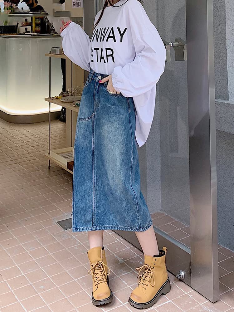 PYTRXGBO Gonna in denim a vita alta con bottoni asimmetrica a vita alta da donna, Blu, M